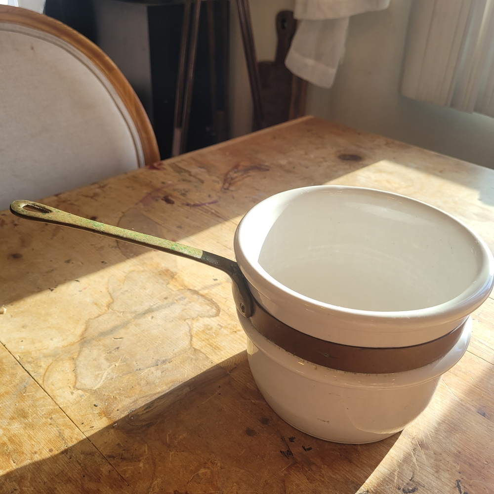 Vintage Top Double Boiler Ceramic and Handle Copper Heavy Saucepan